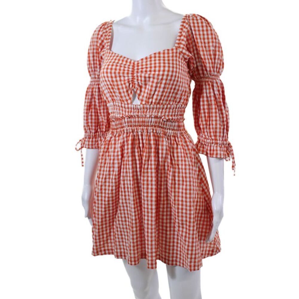 Rue Stiic Womens Cotton Gingham Waist Cut Out V-Neck Puff Sleeve Dress Red Sz XS - Picture 2 of 6